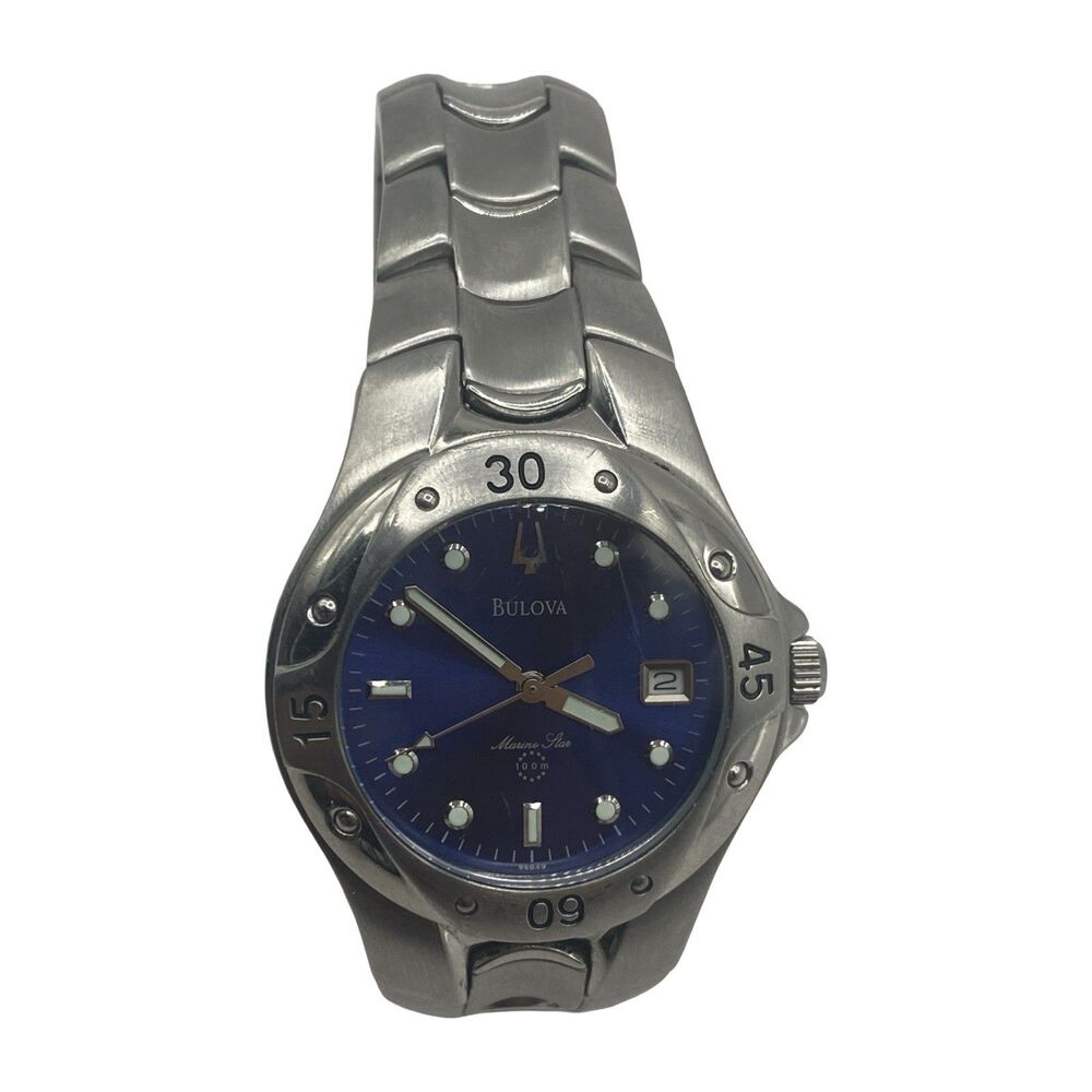 Bulova Marine Star 96B49 Wristwatch Men Stainless Steel Blue Dial Needs Battery